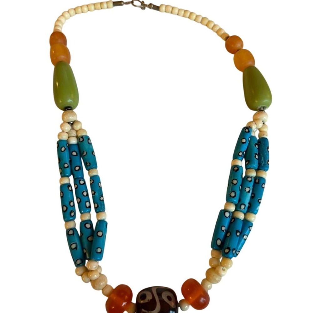 Vintage Boho Multi Strand Beaded Necklace Blue Green Amber Statement Jewelry